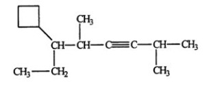 <strong>Select the correct name for the following compound.  </strong> A) 2,5-dimethyl-3-octyne-6-cyclobutane B) 4-cyclobutyl-1-isopropyl-3-methyl-1-hexyne C) 3-cyclobutyl-4,7-dimethyl-5-octyne D) 6-cyclobutyl-2,5-dimethyl-3-octyne E) 3-cyclobutyl-4,7-dimethyl-5-octene <div style=padding-top: 35px> 