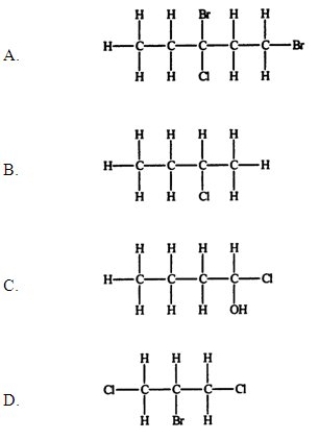 <strong>Which compound, if any, will not be optically active?  </strong> A) A B) B C) C D) D E) They are all optically active. <div style=padding-top: 35px> 