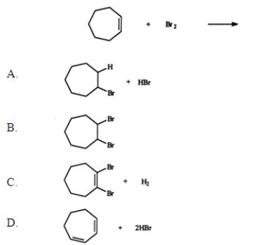 <strong>Identify the products for the reaction between cycloheptene and bromine.  </strong> A) A B) B C) C D) D E) None of the above are the major products of the reaction. <div style=padding-top: 35px> 