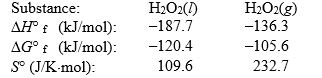 <strong>The temperature at which the following process reaches equilibrium at 1.0 atm is the normal boiling point of hydrogen peroxide. Use the following thermodynamic information at 298 K to determine this temperature. </strong> A) 120°C B) 144°C C) 196°C D) 418°C E) 585°C