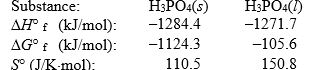 <strong>The temperature at which the following process reaches equilibrium at 1.0 atm is the normal melting point for phosphoric acid. Use the following thermodynamic data at 298 K to determine this temperature. </strong> A) 286 K B) 305 K C) 315 K D) 347 K E) 3170 K