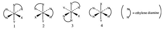 Consider the following octahedral complex structures, each involving ethylene diamine and two different, unidentate ligands X and Y.   Which one of the following statements about these structures is incorrect?