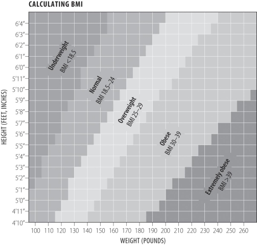 <strong>Examine the calculating BMI chart.What is the most a person 5'6 tall could weigh and still be in the normal range (not overweight)?  </strong> A)120 pounds B)150 pounds C)180 pounds D)240 pounds <div style=padding-top: 35px> 