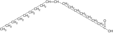 <strong>Oleic acid is a fatty acid that occurs naturally in many animal and vegetable fats and oils.What can you tell about oleic acid just by looking at its structure? </strong> A)Oleic acid is an unsaturated fatty acid. B)Oleic acid is a saturated fatty acid. C)Oleic acid is a trans fatty acid. D)Oleic acid is a hydrophilic fatty acid.