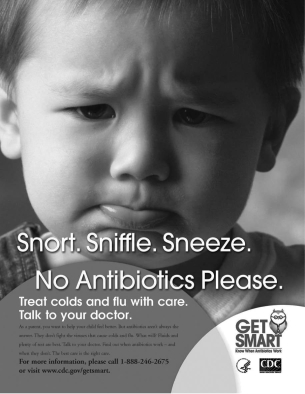 <strong>The child shown in the figure below is not feeling well.Why does the poster say No Antibiotics Please? </strong> A)His illness may be caused by an allergy to penicillin. B)Antibiotics should be taken only to promote growth. C)His illness is caused by bacteria. D)His illness is caused by a virus.