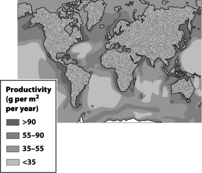 <strong>The following figure shows the net primary productivity (NPP)in marine biomes around the world. The pattern of NPP in marine ecosystems as shown above suggests that</strong> A) marine productivity is as sensitive to temperature as terrestrial productivity. B) without shade from overhead vegetation, marine productivity typically exceeds that found in terrestrial ecosystems. C) marine ecosystems are also limited by sunlight, with the highest productivity at the equator. D) most marine productivity results from the input of terrestrially derived nutrients.