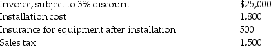R.J.Berkshire incurred the following expenditures to buy new equipment: Discount taken The amount the Equipment account will be debited for is ________.