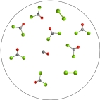 <strong>The molecular art depicts the following reversible reaction at equilibrium: CO(g)+ Cl<sub>2</sub>(g) COCl<sub>2</sub>(g). What can be inferred about the equilibrium constant, K, for this reaction? </strong> A)K < 1 B)K ~ 1 C)K > 1 D)K = 0