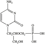 Cidofovir (structure shown)is an antiviral medication for the treatment of cytomegalovirus (CMV)retinitis in patients with AIDS that suppresses CMV replication by selective inhibition of viral DNA synthesis. Cidofovir contains the nucleoside cytidine.