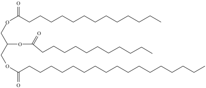 The compound below is a mixed triacylglycerol formed from lauric, myristic, and linoleic acids.