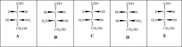 <strong>Consider the stereoisomers (A-E)drawn below: Which structure(s)is/are a diastereomer of structure C?</strong> A)structure A B)structure B C)structure D D)structure E E)None of the structures is a diastereomer of structure C.