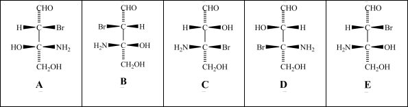 <strong>Consider the stereoisomers (A-E)drawn below: Which structure(s)is/are diastereomers of structure E?</strong> A)structure A B)structure B C)structure C D)structure D E)structures A and B