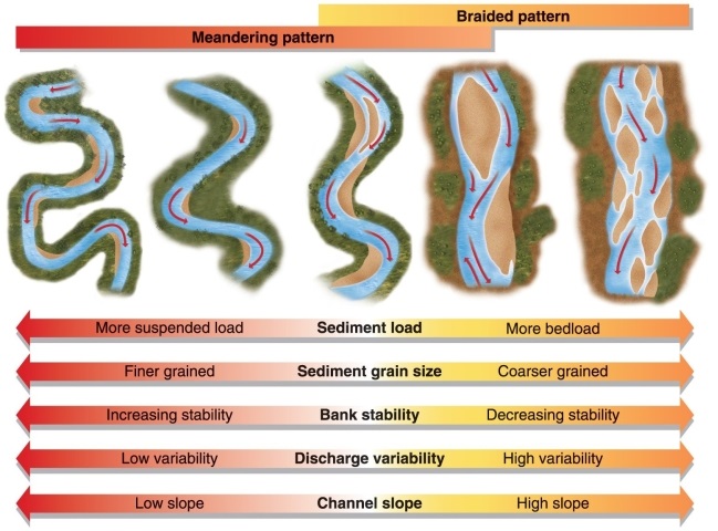 <strong>Figure 16.20   Using Figure 16.20 in your textbook, which statement comparing stream patterns is true?</strong> A) A braided pattern is less stable and more variable than a meandering pattern. B) A braided pattern is more stable and has coarser sediment grains than a meandering pattern. C) A braided pattern is less stable and has finer sediment grains than a meandering pattern. D) A braided pattern is less stable and has a lower slope than a meandering pattern. <div style=padding-top: 35px> 