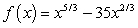 <strong>Graph the function and completely discuss the graph. Round answers to three decimals places, if necessary.  </strong> A) domain:   vertical asymptotes: none; horizontal asymptotes: none; vertical tangents: none; local extrema: (0, 0), (14, -121.985); concave down:   ; Concave up:   ; x-intercepts: (0, 0) and (35, 0)   B) domain:   vertical asymptotes: none; horizontal asymptotes: none; vertical tangents: none; local extrema: (0, 0), (14, -121.985); concave up:   X-intercepts: (0, 0) and (35, 0)   C) domain:   vertical asymptotes: none; horizontal asymptotes: none; vertical tangents: x = 0; local extrema: (0, 0), (14, -121.985); concave up:   X-intercepts: (0, 0) and (35, 0)   D) domain:   vertical asymptotes: none; horizontal asymptotes: none; vertical tangents: x = 0; local extrema: (0, 0), (14, -121.985); concave down:   ; Concave up:   ; x-intercepts: (0, 0) and (35, 0)   <div style=padding-top: 35px> 