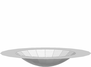 A certain lunar crater is shaped approximately as a paraboloid (see figure). The cross sections of the crater parallel to the lunar surface are circular, with a maximum radius of 80 meters. The depth of the crater is 16 meters. Find an equation for the surface of the crater. [Write your equation such that the bottom of the crater is located at (x, y, z) = (0, 0, 0). Assume the z-axis is perpendicular to the lunar surface.]  
