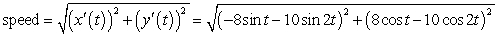The object crosses the x-axis when y = 0: y = 8sin t - 5sin 2t = 8sin t - 10sin t cos t = (sin t)(8 - 10cos t) = 0     At t = 0, speed = 2 At   , speed = 18 At   , speed = 14.843 At   , speed = 14.843