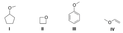 <strong>Which of the following compounds are ethers? </strong> A) Only I and II B) Only III and IV C) Only I, II and III D) I, II, III and IV