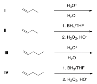 <strong>Which of the following would be a reasonable synthesis of 1-butanol? </strong> A) I B) II C) III D) IV