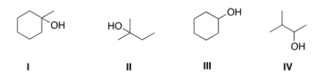 <strong>Which of the following alcohols is most likely to yield a carbocation that is susceptible to rearrangements? </strong> A) I B) II C) III D) IV