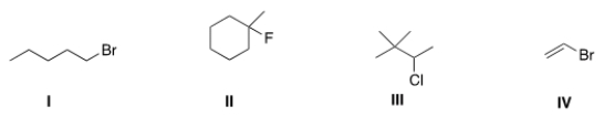 <strong>Which of the following alkyl halides is a primary alkyl halide? </strong> A) I B) II C) III D) IV