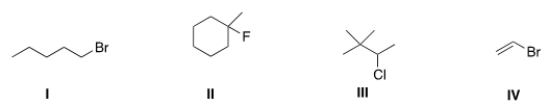 <strong>Which of the following alkyl halides is a secondary alkyl halide? </strong> A) I B) II C) III D) IV