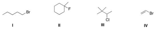 <strong>Which of the following alkyl halides is a tertiary alkyl halide? </strong> A) I B) II C) III D) IV