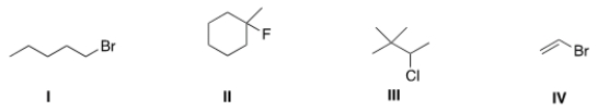 <strong>Which of the following alkyl halides is a vinyl alkyl halide? </strong> A) I B) II C) III D) IV