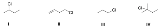 <strong>Which of the following alkyl halides will react fastest with CH<sub>3</sub>OH in an S<sub>N</sub>1 mechanism? </strong> A) I B) II C) III D) IV