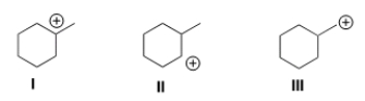 <strong>Rank the following carbocations in order of decreasing stability, putting the most stable first. </strong> A) I > II > III B) II > I > III C) III > I > II D) III > II > I