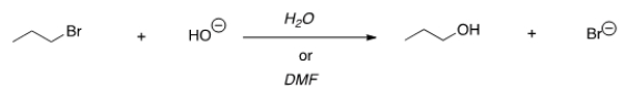 <strong>For the following reaction, use the identity of the alkyl halide and nucleophile to determine which substitution mechanism occurs. Then determine which solvent affords the faster reaction. </strong> A) S<sub>N</sub>1, H<sub>2</sub>O B) S<sub>N</sub>1, DMF C) S<sub>N</sub>2, H<sub>2</sub>O D) S<sub>N</sub>2, DMF