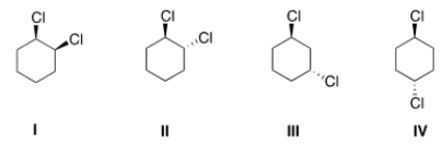 <strong>Which of the following molecules are achiral? </strong> A) II, III B) I, II C) I, IV D) III, IV
