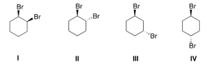 <strong>Which of the following molecules are chiral? </strong> A) II, III B) I, II C) I, IV D) III, IV