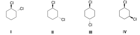 <strong>Which of the following compounds has a plane of symmetry? </strong> A) I and II B) II and III C) II, III and IV D) III and IV