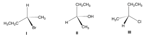 <strong>Which of the following structures has the S configuration? </strong> A) Only I B) Only II C) Only I and II D) I, II and III