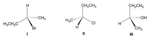 <strong>Which of the following structures has the R configuration? </strong> A) Only I B) Only II C) Only I and II D) I, II and III