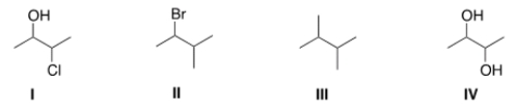 <strong>Which of the following compounds can have a meso stereoisomer? </strong> A) I B) II C) III D) IV
