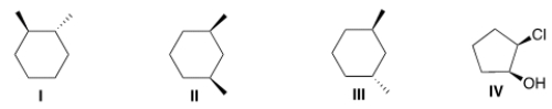 <strong>Which of the following cyclic molecules is a meso compound? </strong> A) I B) II C) III D) IV