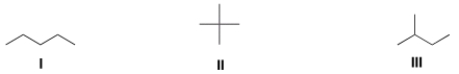<strong>Rank the following alkanes in order of decreasing boiling point, putting the alkane with the highest boiling point first. </strong> A) I > II > III B) I > III > II C) II > III > I D) III > II > I