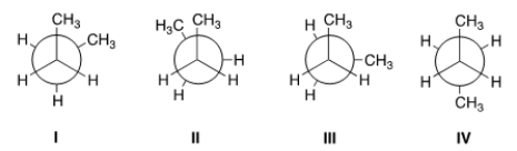 <strong>Rank the conformers of butane in order of decreasing stability, putting the most stable first. </strong> A) IV > I > II > III B) IV > I > III > II C) II > III > I > IV D) I > IV > II > III