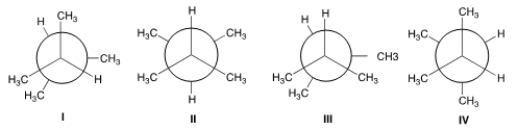 <strong>Which of the following is the lowest energy conformer of 2,3-dimethybutane? </strong> A) I B) II C) III D) IV