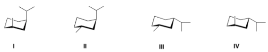 <strong>Which of the following is the most stable conformation of trans-1-isopropyl-3-methylcyclohexane? </strong> A) I B) II C) III D) IV