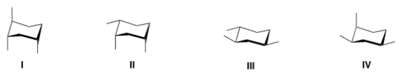 <strong>Rank the conformers of 1,2,4-trimethylcyclohexane in order of decreasing stability, putting the most stable first. </strong> A) I > II > III > IV B) III > II > IV > I C) III > IV > II > I D) I > II > IV > III