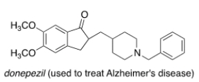 <strong>Consider the molecule donepezil (used to treat Alzheimer's disease). Which of the following lists the correct functional groups present in donepezil? </strong> A) Amide, aromatic, ether, ketone. B) Amide, aromatic, ester, ketone. C) Amine, aromatic, ester, ketone. D) Amine, aromatic, ether, ketone.