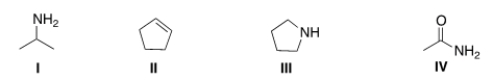 <strong>Which of the following structures contains a secondary amine? </strong> A) I B) II C) III D) IV