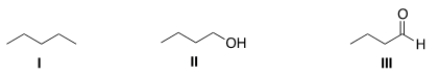 <strong>Rank the following compounds in order of increasing strength of intermolecular forces, putting the molecule with the weakest intermolecular force first. </strong> A) I < II < III B) II < I < III C) I < III < II D) II < III < I