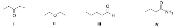 <strong>Which of the following compounds has the highest boiling point? </strong> A) I B) II C) III D) IV