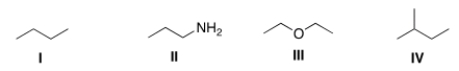 <strong>Which of the following compounds is expected to be the most soluble in H<sub>2</sub>O? </strong> A) I B) II C) III D) IV