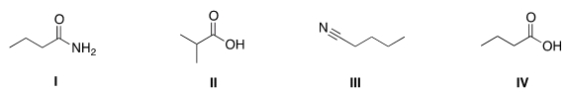 <strong>Rank the following compounds in order of decreasing boiling point, putting the compound with the highest boiling point first. </strong> A) I > III > IV > II B) IV > II > I > III C) IV > I > II > III D) I > IV > II > III