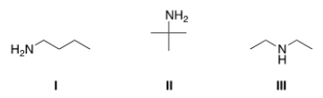 <strong>Which of the following amines are classified as primary (1°) amines? </strong> A) I B) II C) III D) I and II