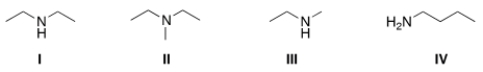 <strong>Which of the following amines are classified as tertiary (3°) amines? </strong> A) I B) II C) III D) IV